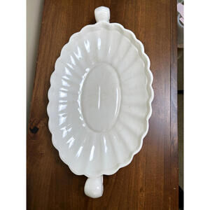 White Ceramic Oval Serving Platter with Scroll Handles 19"x10.5"